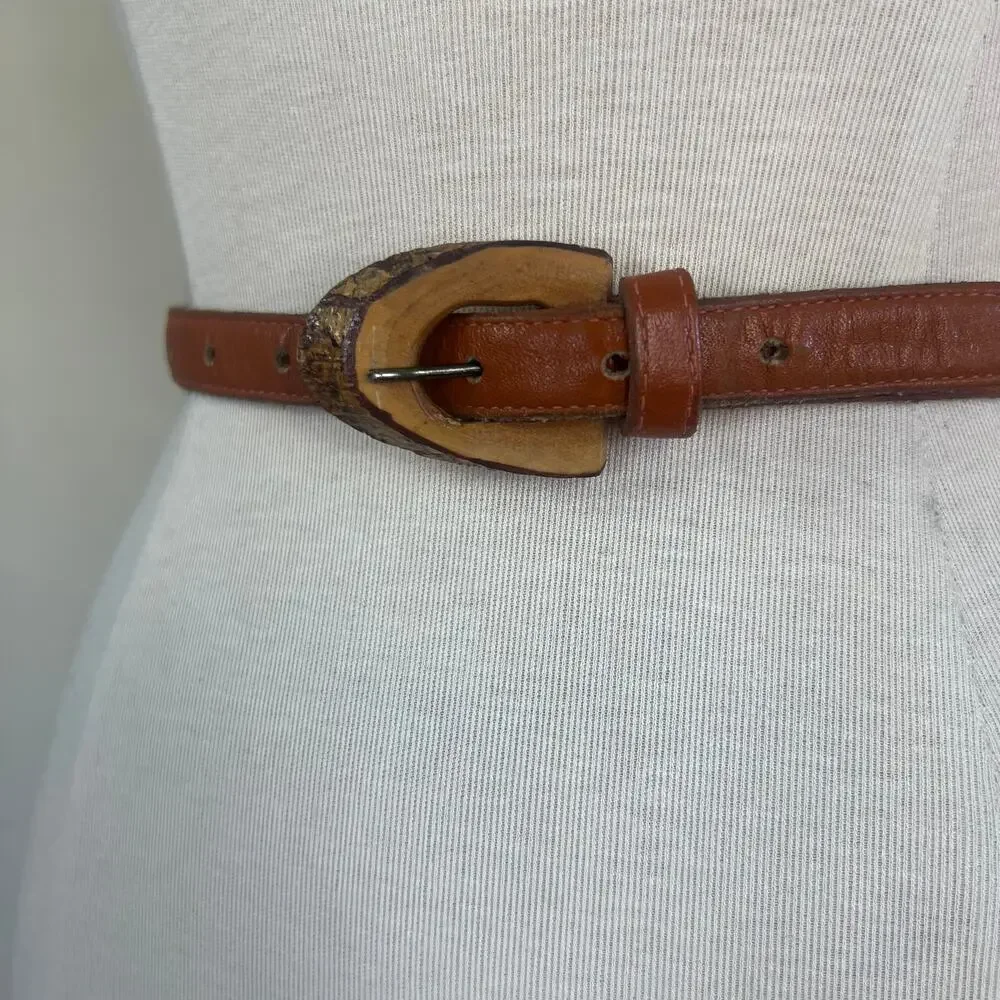 Leather Belt Vintage Brown Unique Raw Wooden Buckle thin 70s Cottage Core Sz 30